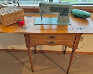 1960s Singer Model 337 Turquoise Blue Sewing Machine & Cabinet