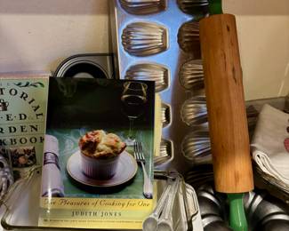 Corning Ware Floral Bouquet 2 Quart Casserole Dish, Madeline Aluminum Mold Tray, Circa 1940s Green Handled Wooden Rolling Pin