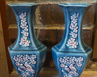 Pair of Blue Hexagonal Chinoiserie Vases with Floral Design