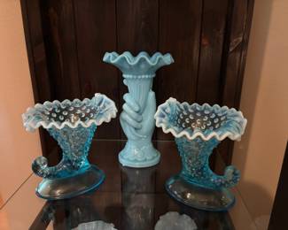 Pair of Blue Opalescent Hobnail Cornucopia Vases, Art Deco Blue Milk Glass Hand Holding Cornucopia Vase