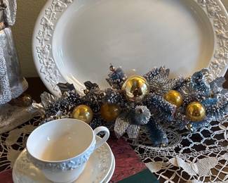 Wedgwood Embossed Queen's Ware Teacup & Saucer, Platter