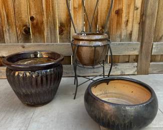 Set of 3 Glazed Ceramic Planters with Iron Chair Stand Rustic Outdoor Pottery