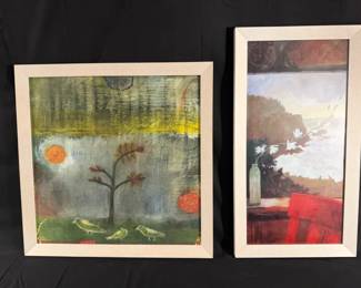 Set of 2 Framed Art Prints Whimsical Tree Birds Coastal Still Life Scene