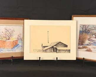 Original Landscape Artworks Vi McCann Watercolor, Fallon Pastel, and Pen Ink Barn Drawing