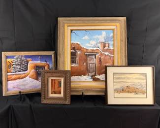 FourPiece Southwestern Art Collection Featuring Georgeff Berlin Paintings Adobe Pueblo Winter