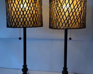 Pair of Wood Base Table Lamps with Lattice Shades and Beige Fabric Diffusers