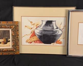 Collection of Framed Art Prints Still Life, Southwestern Pottery, and Embossed Bird Study