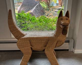 Wicker Dog Sculpture with Metal Eyes and Tongue Accent