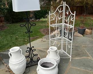 Decorative Outdoor Set Floor Lamp, Corner Plant Shelf, and Textured White Vases