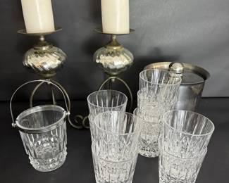Vintage Glass Barware Set with Silver Candlesticks and Ice Bucket