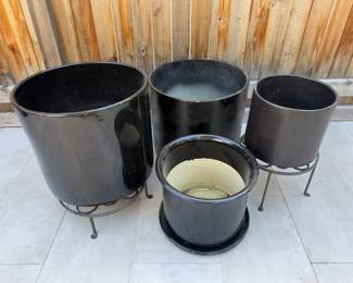 Set of Black Ceramic Circular Planters with Metal Stands