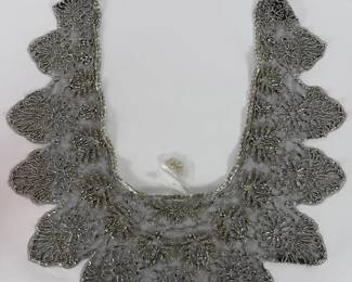 Beaded Lace Collar Appliqu Silver Glass Beads on Black Mesh, VintageInspired