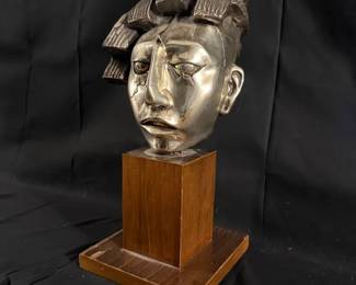 005 Handcrafted Mexican Metal Bust on Wood Base Signed Cromadora Micromex S.A.