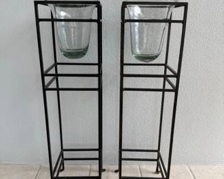 Pair of Tall Wrought Iron Plant Stands with Clear Glass Bowl Inserts