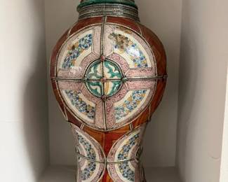 Handcrafted Enameled Lidded Ceramic Urn with Ornate Metal Inlay and Floral Panels
