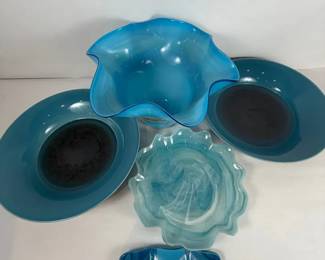 Collection of MidCentury Modern Blue Art Glass Bowls Dishes