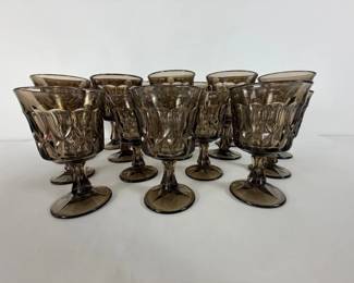 Set of 17 MidCentury Brown Goblets Faceted Pressed Glass Stemware