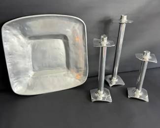 Mexican Metal Serving Bowl and Three Matching Candlesticks