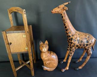 Collection of Wooden Cat and Giraffe Figures with Side Cabinet