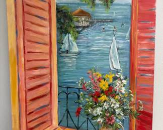 Seaside View Through Red Shutters Signed Colette Frankson Original Oil Painting
