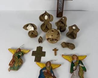 Handmade Clay Nativity Set with Crosses Embroidered Angel Ornaments