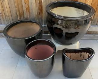 Set of Glossy Black Circular Ceramic Planters