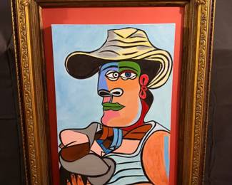 Colorful Cubist Portrait with Hat Framed in Ornate Frame