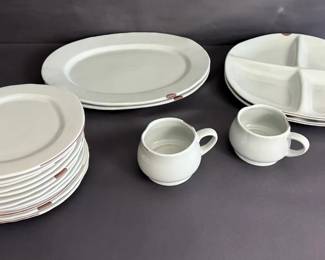 Senses Savor Stoneware Dinnerware Set Soft Gray with Brown Trim, 14 Pieces