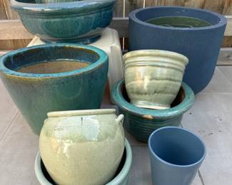 9 Piece Collection of Blue and Green Glazed Ceramic Planters