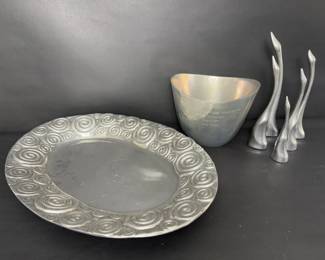 Collection of Pewter and Silver Cranes, Bowl, and Decorative Platter