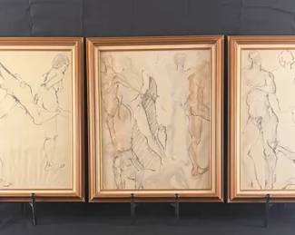 Three Signed Wilson Life Drawing Studies Charcoal Pastel Figure Sketches