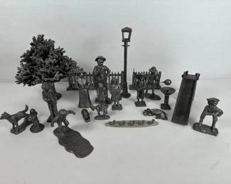 Large Mixed Collection Of Ricker Pewter Figures Handcrafted Americana Street Scene