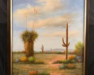 Large Framed Desert Landscape Painting Cactus Yucca Scene