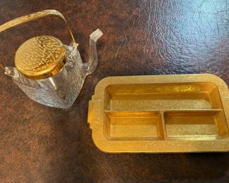 Hario Sake Cooler, MCM Weeping Floral Etched  Gold Divided Glass Tray 