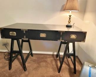 Black Lacquered Campaign Style Desk on Sawhorse Legs