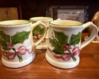 Set of 3 N.S. Gustin Co. Hand Painted Holly Design Mugs