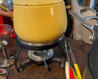 MCM Yellow Enameled Fondue Set