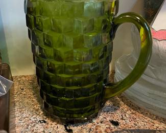 Indiana Glass Green Glass Cubist Design Pitcher