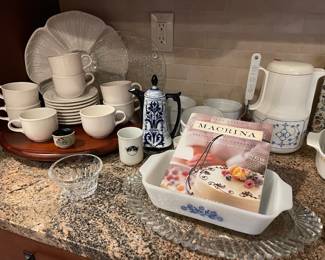 Pfaltzgraff Acadia White Coffee Cup & Saucer Set, Fire King Blue Cornflower Loaf Pan