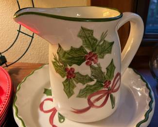 N.S. Gustin Co. Hand Painted Holly Design Mugs, Pitcher & Platter
