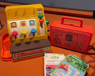 Circa 1970s Fisher Price Cash Register, 1980s Burger King Lunch Box, 1978 Sesame Street See and Know Number Flash Cards, 1980 The Scribbler's "see & know 1-2-3" Matching Card Game
