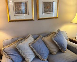 Pair of Blue & Cream Upholstered Love Seats