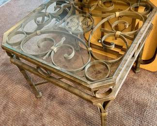 Glass Top Coffee Table with Patinaed Scrolled Wrought Iron Base