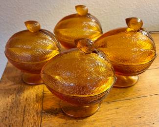 Set of 4 LE Smith Amber Gold Lidded Compote Bowls