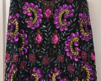 Leslie Faye Evenings Silk Colorful Sequin Embelleshed Long Sleeve Blouse – Size Medium