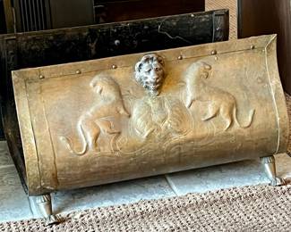 Brass Fireplace Log Holder with Lion Motif