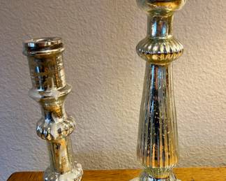 Pair of Mercury Glass Pillar Candlestick Holders