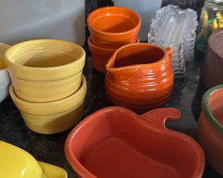 Bauer Pottery Orange Ringware Creamer Pitcher, Chantal Apple Shaped Stoneware Baking Dish