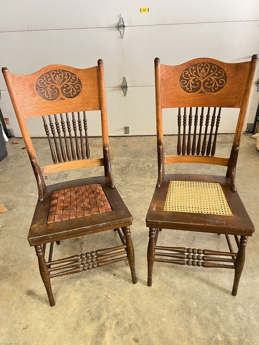Antique Wooden Spindle Back Chairs with Carved Crest - Asking $199 for the pair. 