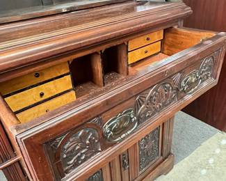 Antique Carved Wooden Cabinet with Glass Doors - Asking $399